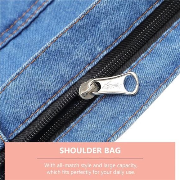 denim Shoulder Bag Large Capacity Zipper Closure Casual Tote- As Shown - Picture 4 of 7